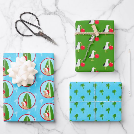 Santa Golden Surfboard Dog Seagull Gift Wrap Set 3 Inpakpapier Vel (Voorkant)