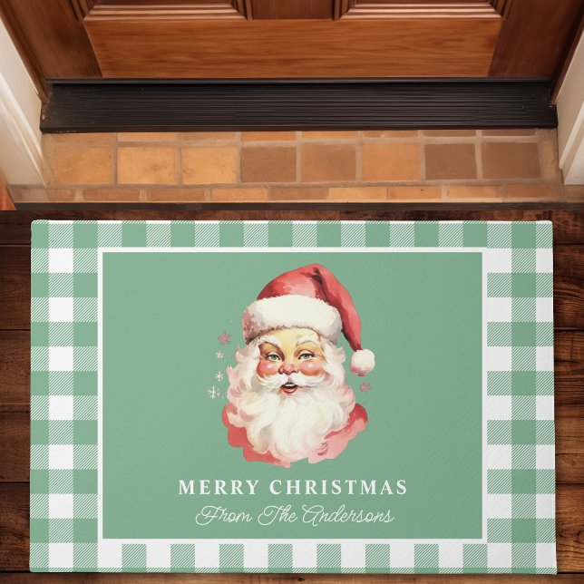  Santa Green Gingham gepersonaliseerde kerst Deurmat (Creator heeft geüpload)