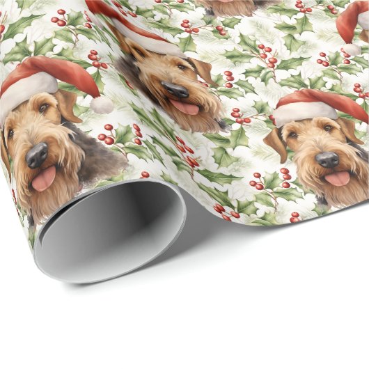 Santa Hat Airedale Terrier Hond Kerst Holly Cadeaupapier (Rol Hoek)