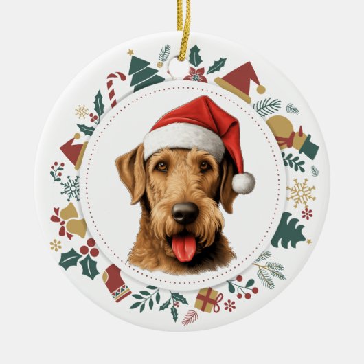 Santa Hat Airedale Terrier Kerst Afbeeldingen kran Keramisch Ornament (Voorkant)