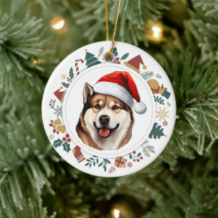 Santa Hat Akita Hondenkerst Afbeeldingen krans Keramisch Ornament