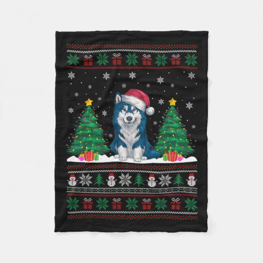 Santa Hat Alaskan Klee Kai Dog Xmas Tree Lights Ug Fleece Deken (Voorkant)