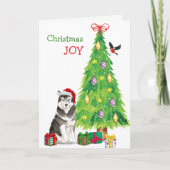 Santa Hat Alaskan Malamute Dog and Holiday Tree Feestdagen Kaart (Voorkant)