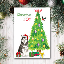 Santa Hat Alaskan Malamute Dog and Holiday Tree Feestdagen Kaart
