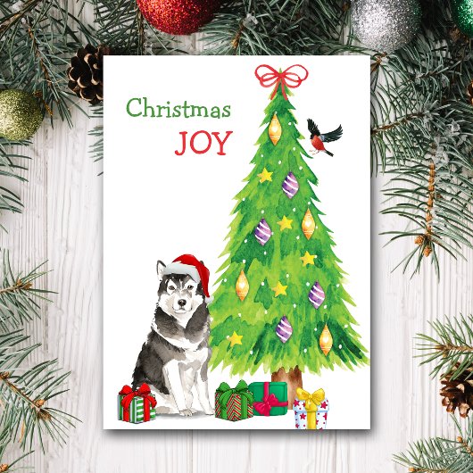 Santa Hat Alaskan Malamute Dog and Holiday Tree Feestdagen Kaart