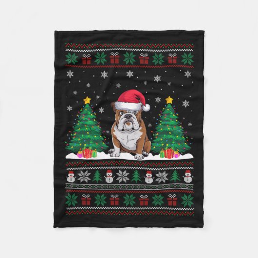 Santa Hat Amerikaanse Bulldog Xmas Tree Lights Ugl Fleece Deken (Voorkant)