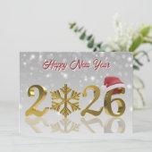 Santa Hat and Snowflake | Gold Happy New Year 2026 Feestdagenkaart (Staand voorkant)