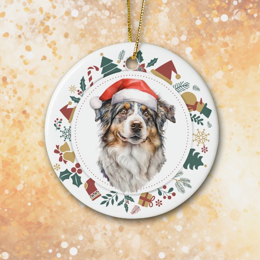Santa Hat Australische Herder Hond Kerstkrans Keramisch Ornament