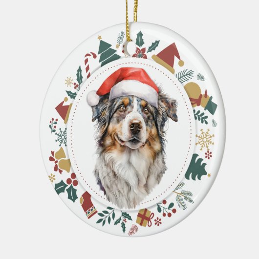 Santa Hat Australische Herder Hond Kerstkrans Keramisch Ornament (Links)