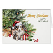 Santa Hat Australische Herder Puppy Hond Kerstmis (Voorkant Horizontaal)