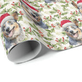 Santa Hat Australische Rundvee Hond Kerst Holly Cadeaupapier (Rol Hoek)