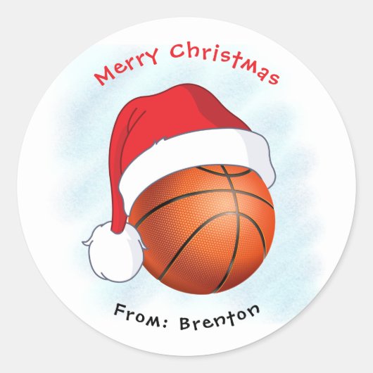 Santa Hat Basketball Merry Kerstmis Ronde Sticker (Voorkant)