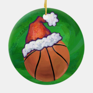 Santa Hat Basketball over Groen Keramisch Ornament