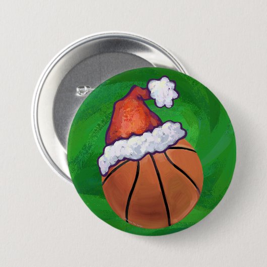 Santa Hat Basketball over Groen Ronde Button 7,6 Cm (Voorkant /achterkant)
