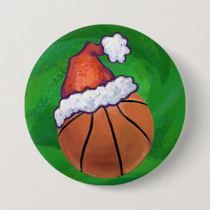 Santa Hat Basketball over Groen Ronde Button 7,6 Cm