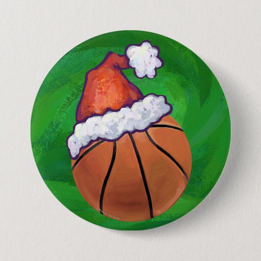 Santa Hat Basketball over Groen Ronde Button 7,6 Cm (Voorkant)