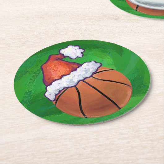 Santa Hat Basketball over Groen Ronde Kartonnen Onderzetter (Gebogen)