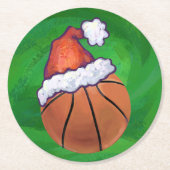 Santa Hat Basketball over Groen Ronde Kartonnen Onderzetter (Voorkant)