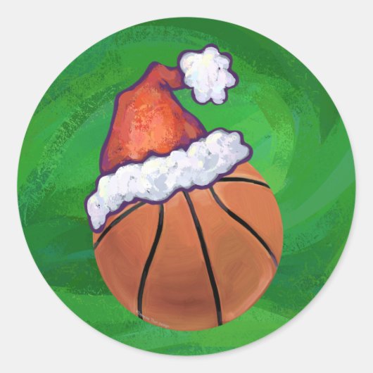 Santa Hat Basketball over Groen Ronde Sticker (Voorkant)