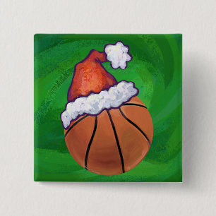 Santa Hat Basketball over Groen Vierkante Button 5,1 Cm