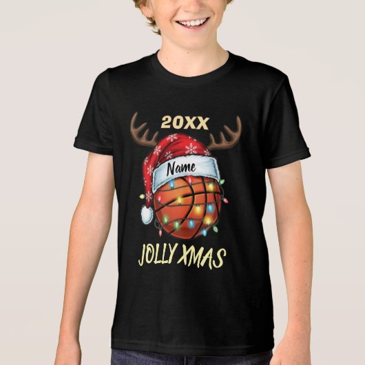  Santa Hat Basketball Reindeer Christmas Fun Sport Tri-Blend Shirt (Voorkant)
