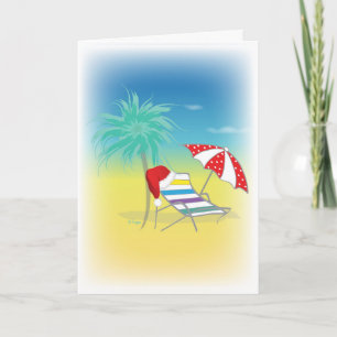 Santa Hat, Beach Chair, Umbrella, Palm,Red Feestdagen Kaart