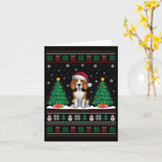 Santa Hat Beagle Dog Kerstboom Lights Ugly Sw Kaart (Gele Bloem)