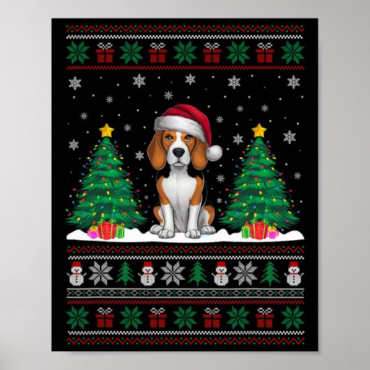 Santa Hat Beagle Dog Kerstboom Lights Ugly Sw Poster (Voorkant)