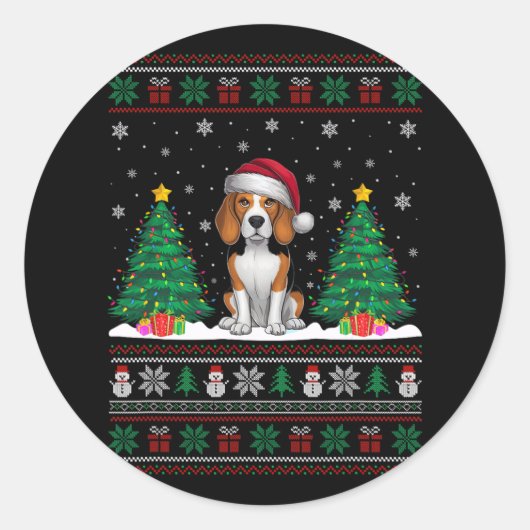 Santa Hat Beagle Dog Kerstboom Lights Ugly Sw Ronde Sticker (Voorkant)
