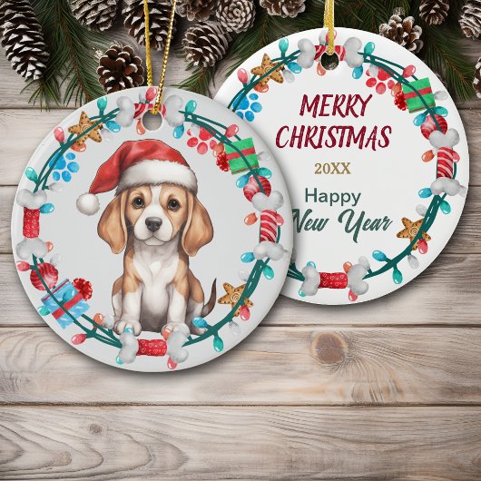 Santa Hat Beagle Puppy Botkrans Keramisch Ornament