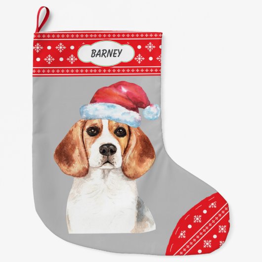 Santa Hat Beagle Sneeuwvlok Grens Grote Kerstsok (Voorkant)