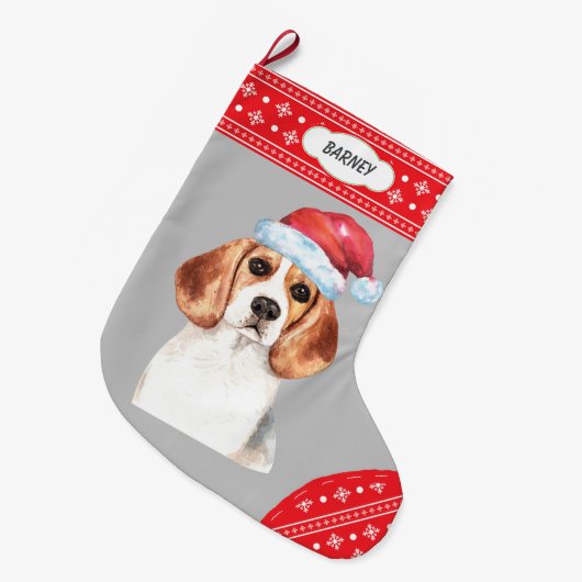 Santa Hat Beagle Sneeuwvlok Grens Grote Kerstsok (Voorkant (Hangend))
