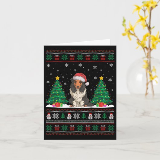 Santa Hat Bearded Collie Dog Xmas Tree Lights Ugly Kaart (Gele Bloem)