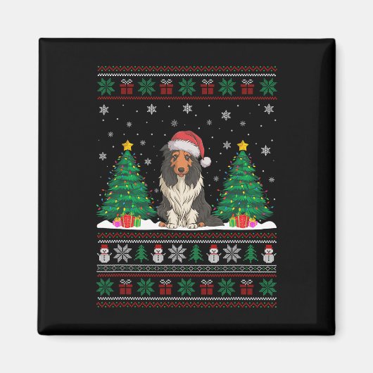 Santa Hat Bearded Collie Dog Xmas Tree Lights Ugly Magneet (Voorkant)