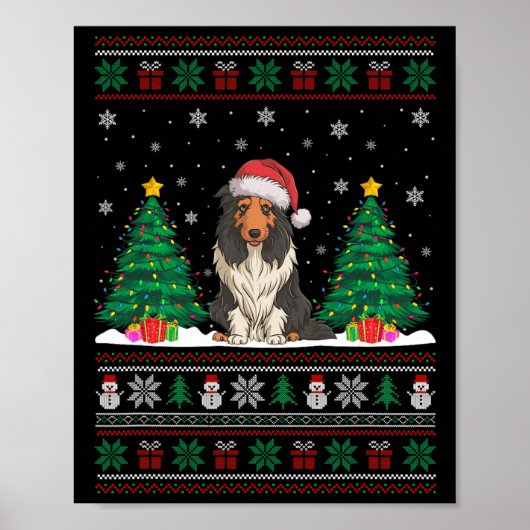 Santa Hat Bearded Collie Dog Xmas Tree Lights Ugly Poster (Voorkant)