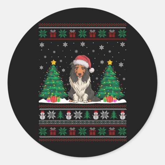 Santa Hat Bearded Collie Dog Xmas Tree Lights Ugly Ronde Sticker (Voorkant)