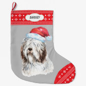 Santa Hat Bearded Collie Snowflake Border Grote Kerstsok (Voorkant)