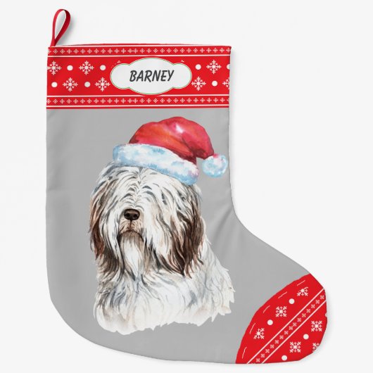 Santa Hat Bearded Collie Snowflake Border Grote Kerstsok (Voorkant)
