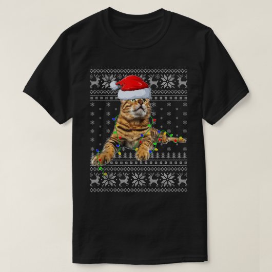 Santa Hat Bengal Cat Xmas Lighting Ugly Bengal Cat T-shirt (Design voorkant)