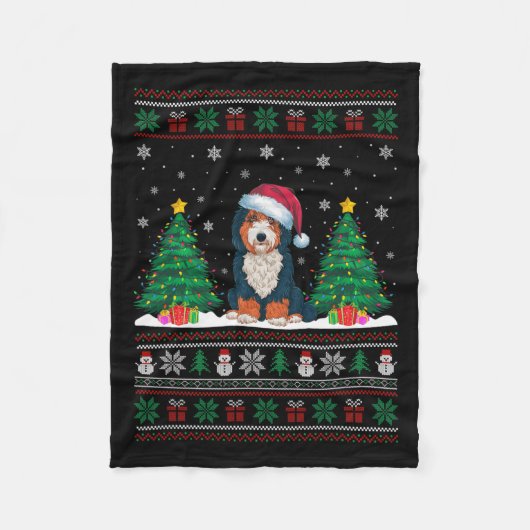 Santa Hat Bernedoodle Hond Kerstboom Lights Ug Fleece Deken (Voorkant)