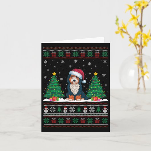 Santa Hat Bernedoodle Hond Kerstboom Lights Ug Kaart (Gele Bloem)