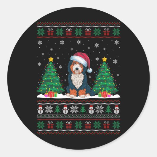 Santa Hat Bernedoodle Hond Kerstboom Lights Ug Ronde Sticker (Voorkant)