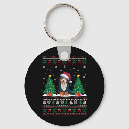 Santa Hat Bernedoodle Hond Kerstboom Lights Ug Sleutelhanger (Voorkant)