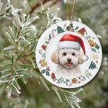 Santa Hat Bichon Frise Dog Christmas Afbeeldingen  Keramisch Ornament<br><div class="desc">Hier is een schattig gepersonaliseerd ornament voor iedereen die houdt van een kleine Bichon Frise Dog. De voorkant heeft een waterverf witte Bichon met een rode en witte kerstmuts. Het afbeelding is omlijst in een kleurrijke cirkelkrans die bestaat uit verschillende Holiday-afbeeldingen, waaronder een sneeuwpop, klokken, snoepriet, kous, hulst en meer!...</div>