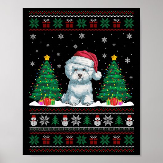 Santa Hat Bichon Frise Dog Xmas Tree Lights Ugly S Poster (Voorkant)