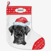 Santa Hat Black Lab Snowflake Border Grote Kerstsok (Voorkant)