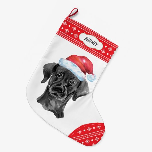 Santa Hat Black Lab Snowflake Border Grote Kerstsok (Voorkant (Hangend))