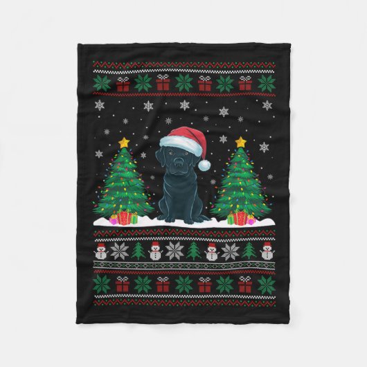 Santa Hat Black Labrador Dog Xmas Tree Lights Ugly Fleece Deken (Voorkant)