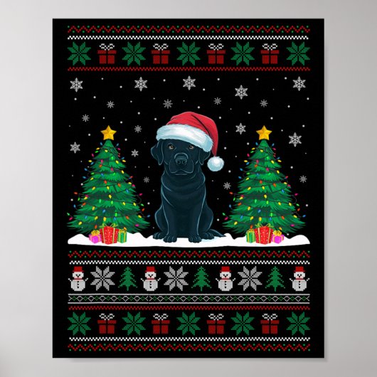 Santa Hat Black Labrador Dog Xmas Tree Lights Ugly Poster (Voorkant)