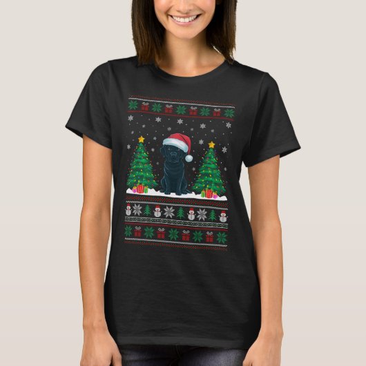 Santa Hat Black Labrador Dog Xmas Tree Lights Ugly T-shirt (Voorkant)